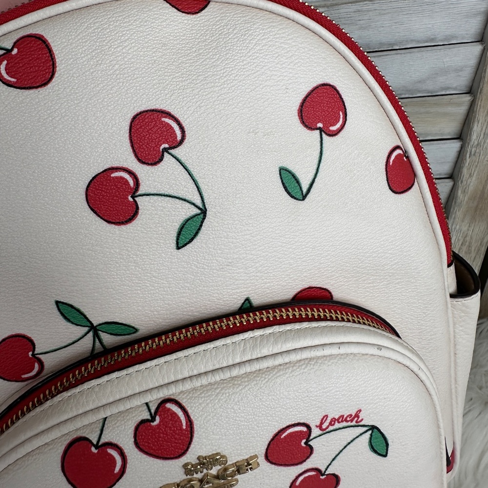 White Leather Coach Court Backpack Heart Cherry Print Limited Edition - Picture 6 of 13